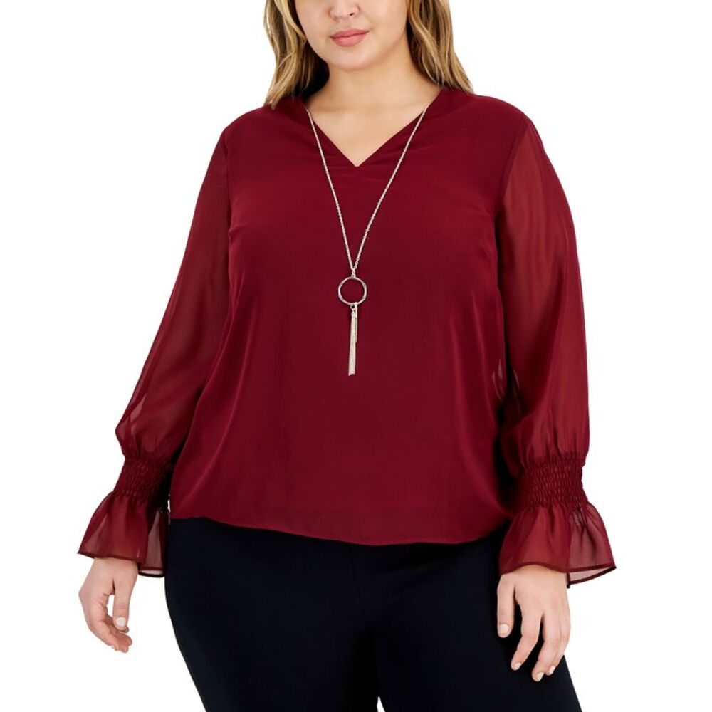 Plus Size Smocked-Sleeve Necklace Top